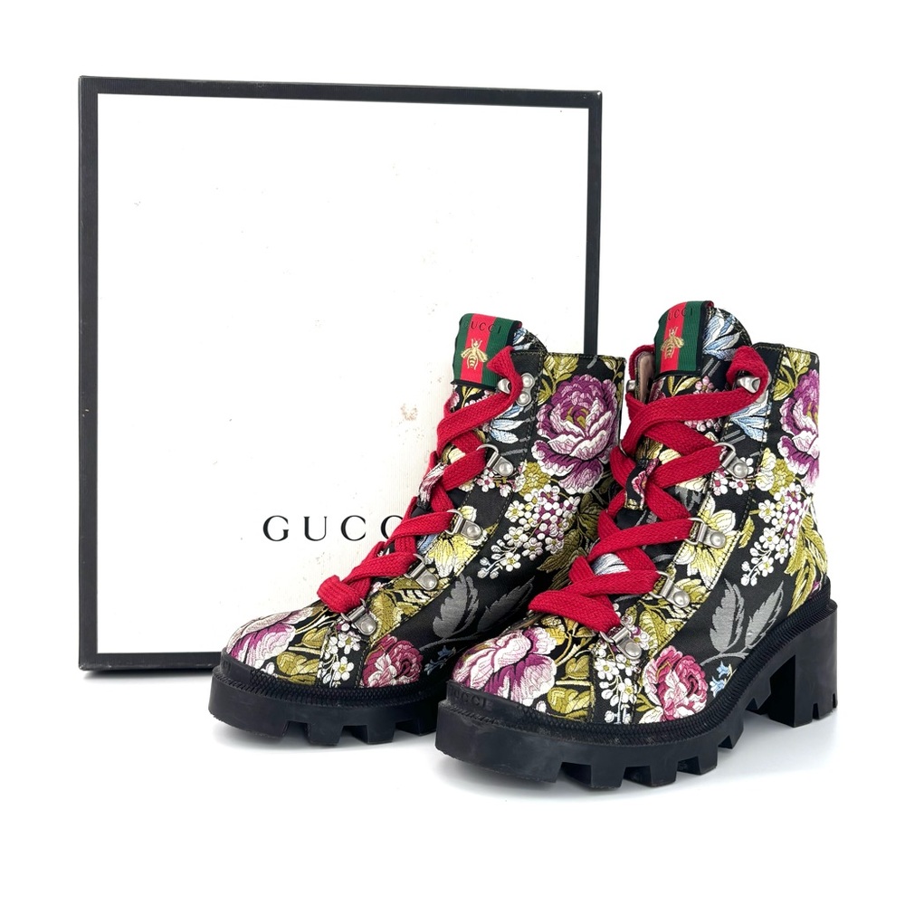 Gucci Trip Floral Jacquard Lug Sole Lace Up Ankle Boots 37.5 - Picture 3 of 9